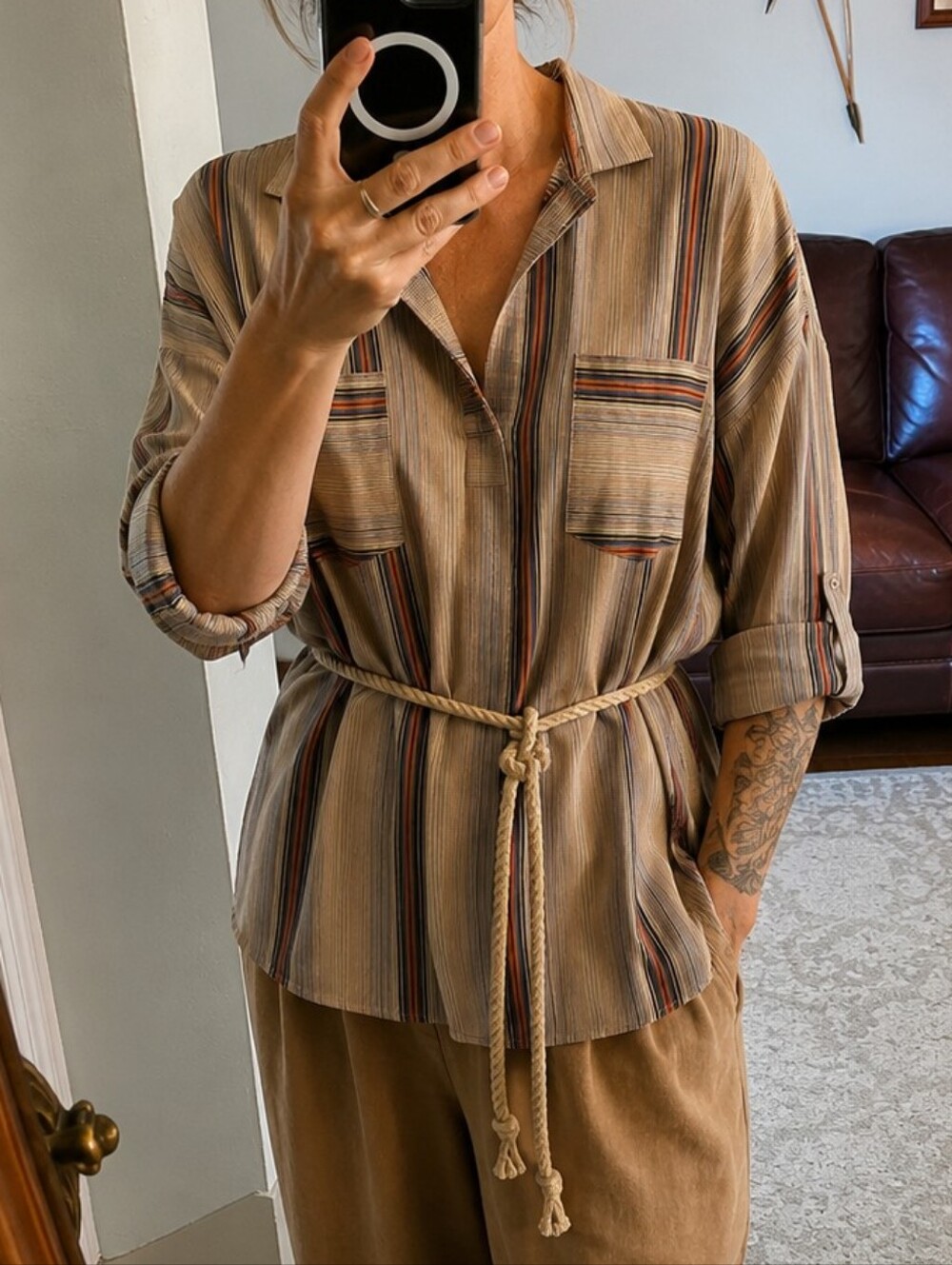 Vintage Striped Button Front Blouse w/ Rope Tie Waist | Boho Neutral Top Size L